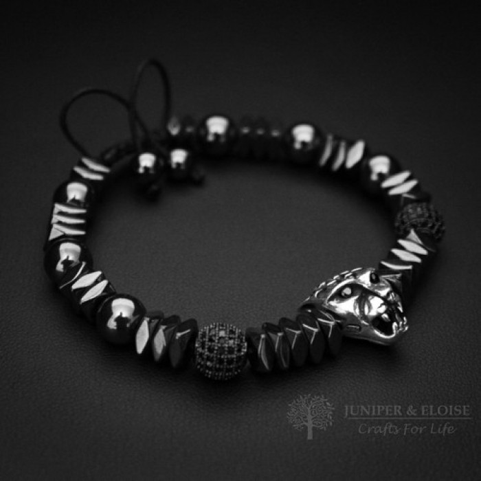 Mens Panther Bracelet With Black Zircon Spacer Beads