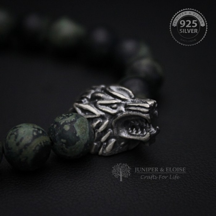 Green Camouflage Beaded Wolf Bracelet For Men