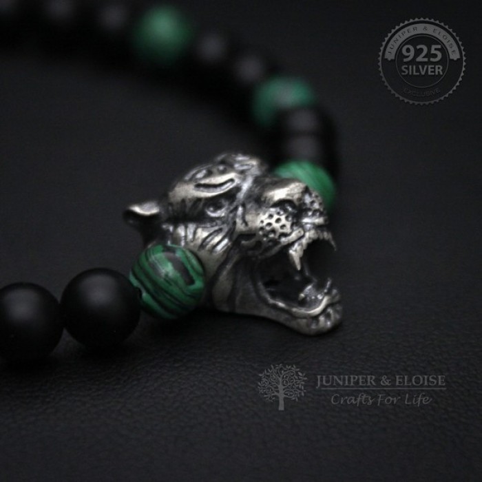 Black And Green Beaded Silver Tiger Bracelet