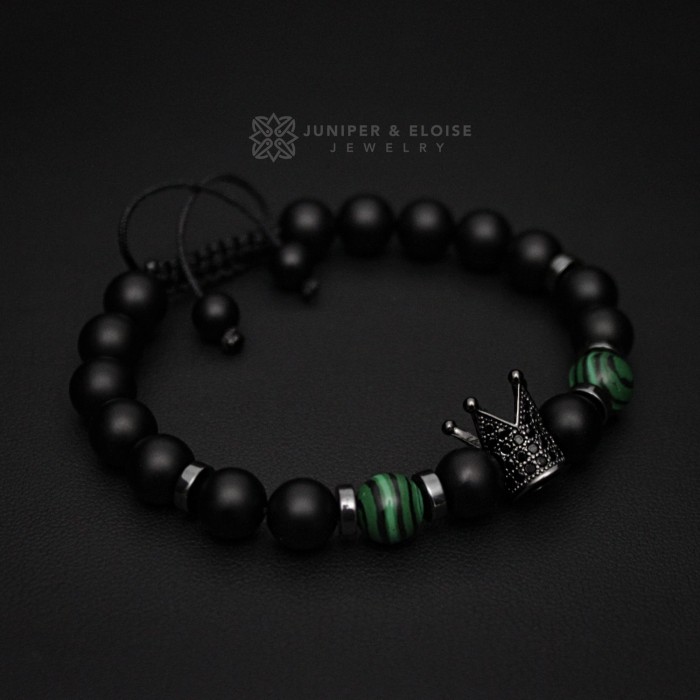 Matte Faceted Onyx And Malachite Beaded Crown Bracelet