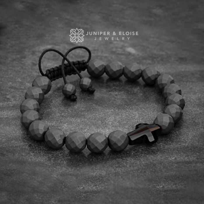 Matte Hematite Beaded Bracelet with Jet Black Swarovski Cross