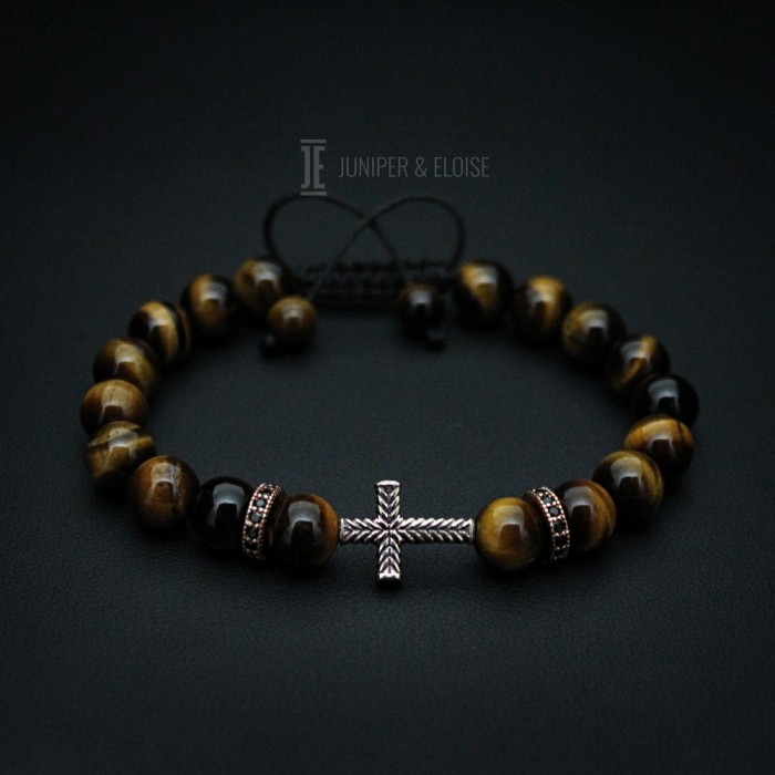 Tiger Eye and Onyx Beaded Couple Bracelets With Cross