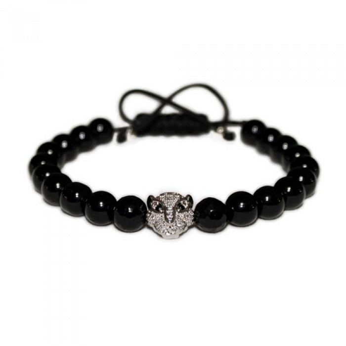 Onyx Beads & Silver Tiger Bracelet