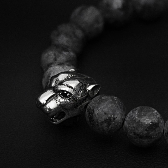 Matte Gray  Beaded Silver Panther Bracelet