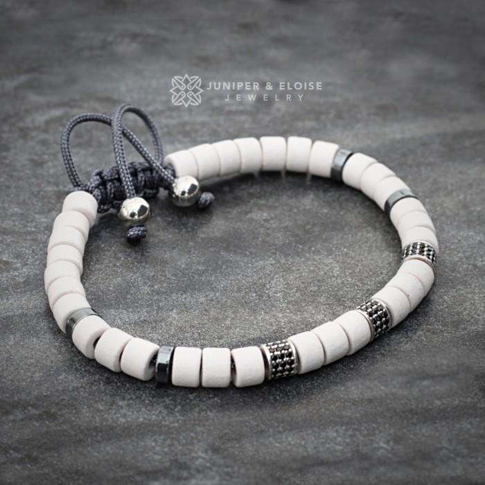 White Ceramic Beaded Bracelet with Hematite Spacers