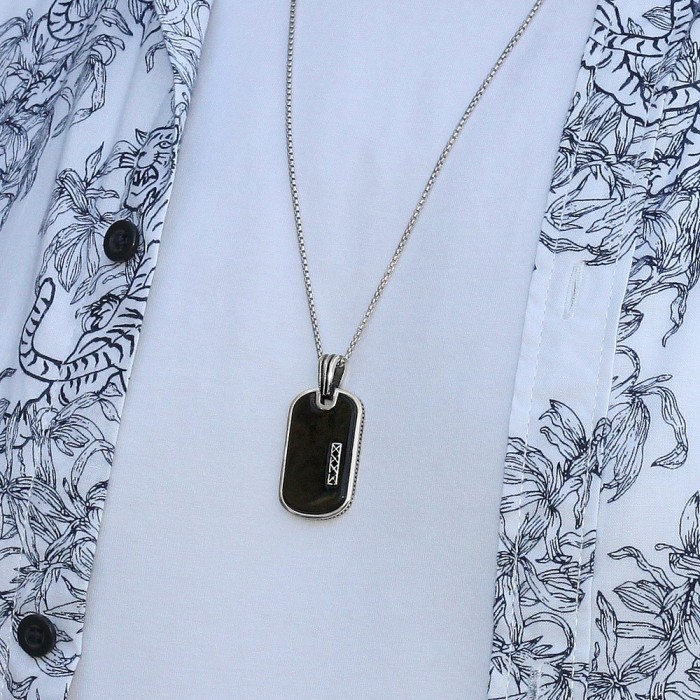Men's Silver Black Tag Necklace