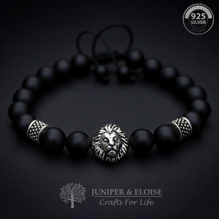 Majestic Onyx & 925 Silver Lion Beaded Bracelet