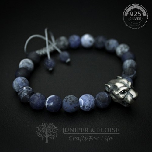 Blue Beaded 925 Silver Lion Bracelet