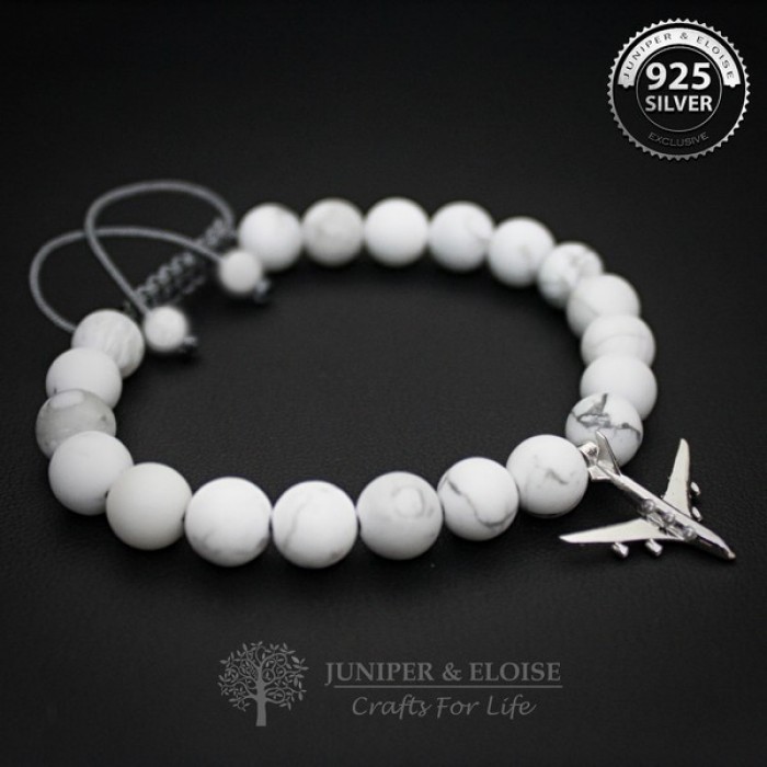 White Beaded Silver Plane Bracelet