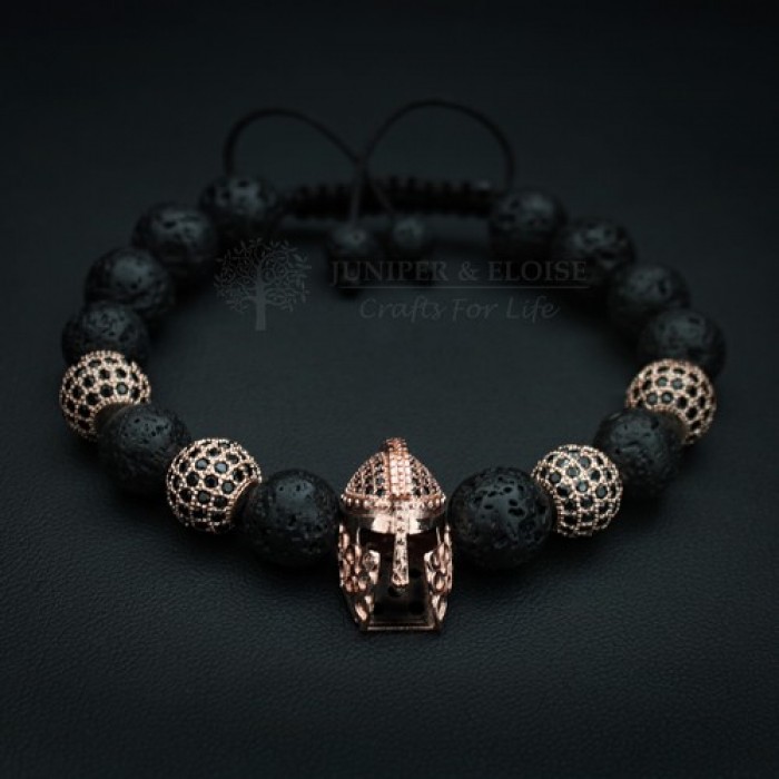 Men Black Lava Stone Gold Silver Spartan Helmet Bracelet Beaded Charm Bracelets 