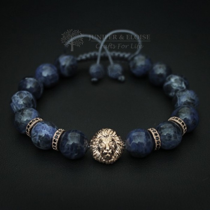 Blue Sodalite beaded Rose Gold Lion Bracelet For Men