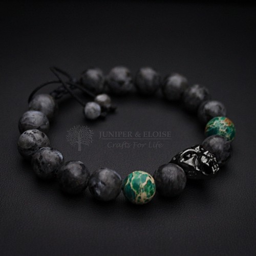 Black Panther Bracelet With Gray & Green Beads