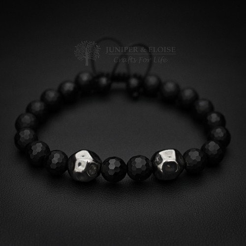 Mens Bracelet With Silver Hammered Beads