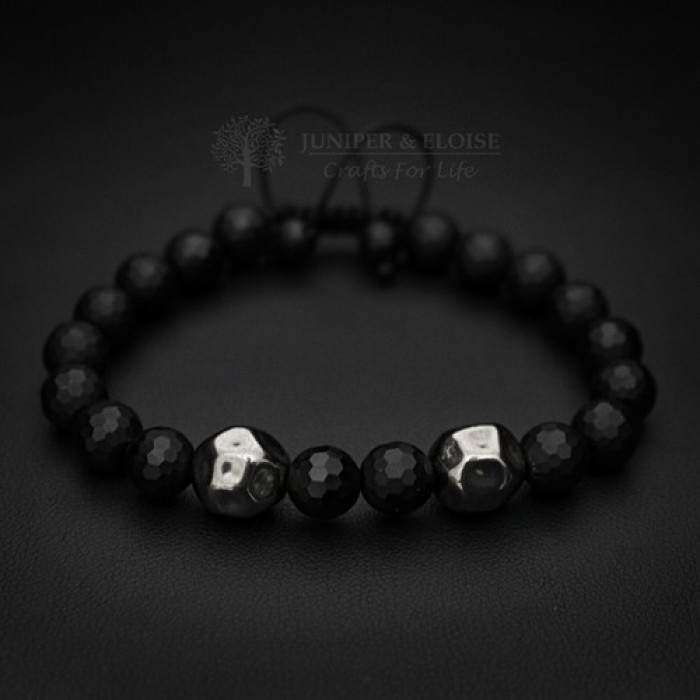 Mens Bracelet With Silver Hammered Beads