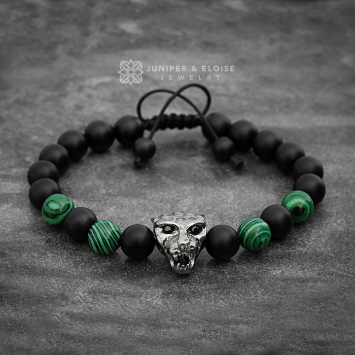 Mens Black Panther Bracelet With Green Beads