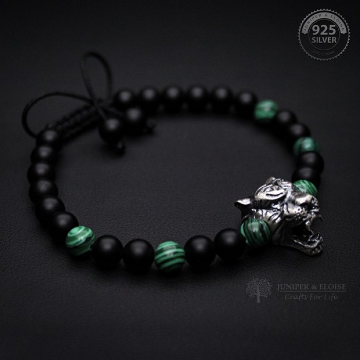 Black And Green Beaded Silver Tiger Bracelet