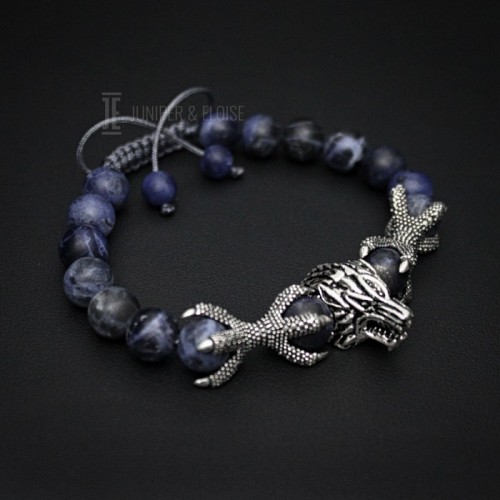 Matte Blue Sodalite Ghost Wolf and Dragon Claws Bracelet