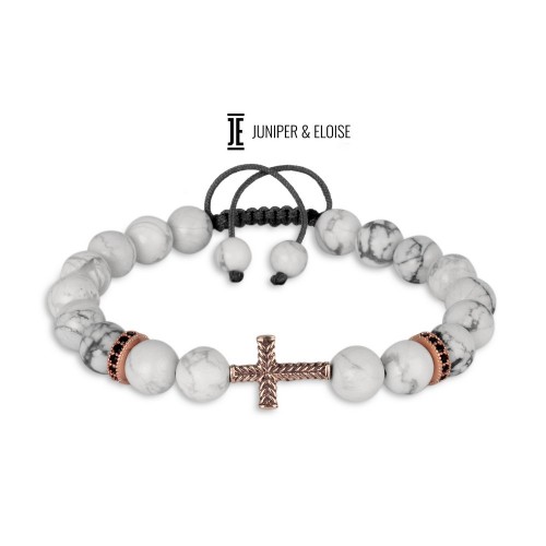 White Howlite Beaded Cross Bracelet For Men