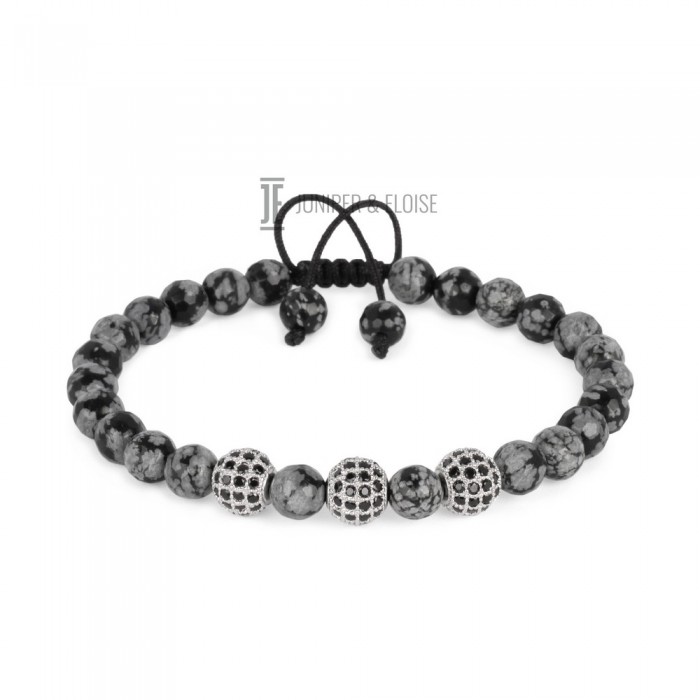 Mens Obsidian Bracelet with Silver Spacer Beads
