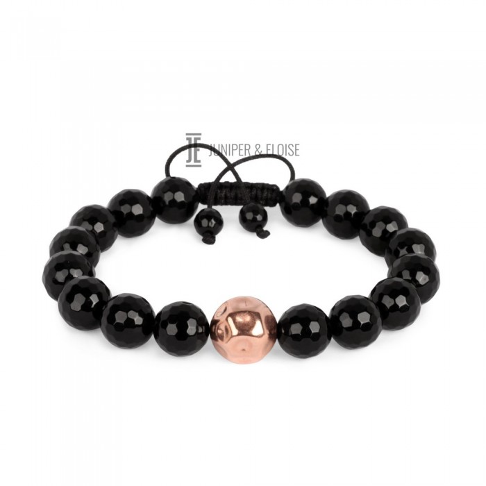 Mens Onyx Bracelet With Hand Hammered Bead