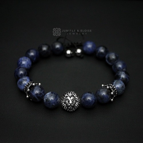 Blue Sodalite beaded 925 Silver Lion Bracelet For Men