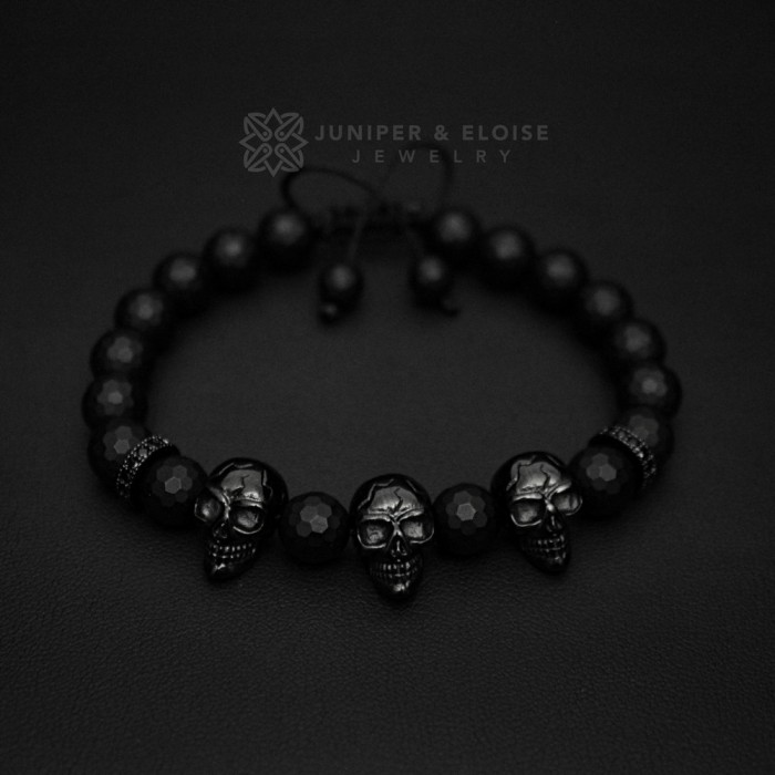 Faceted Onyx Beaded Black Skull Charm Bracelet