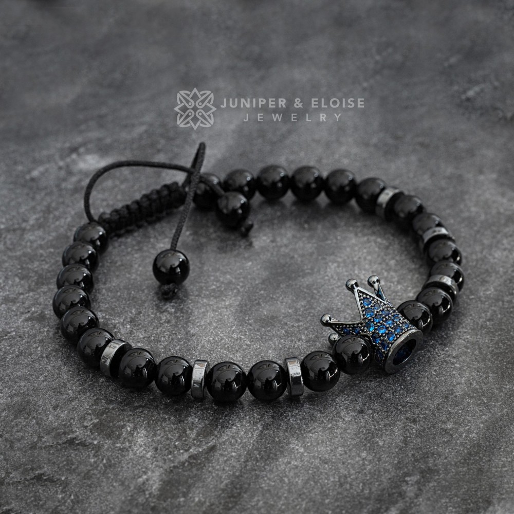 Mens Black Onyx Beaded Blue Crown Bracelet