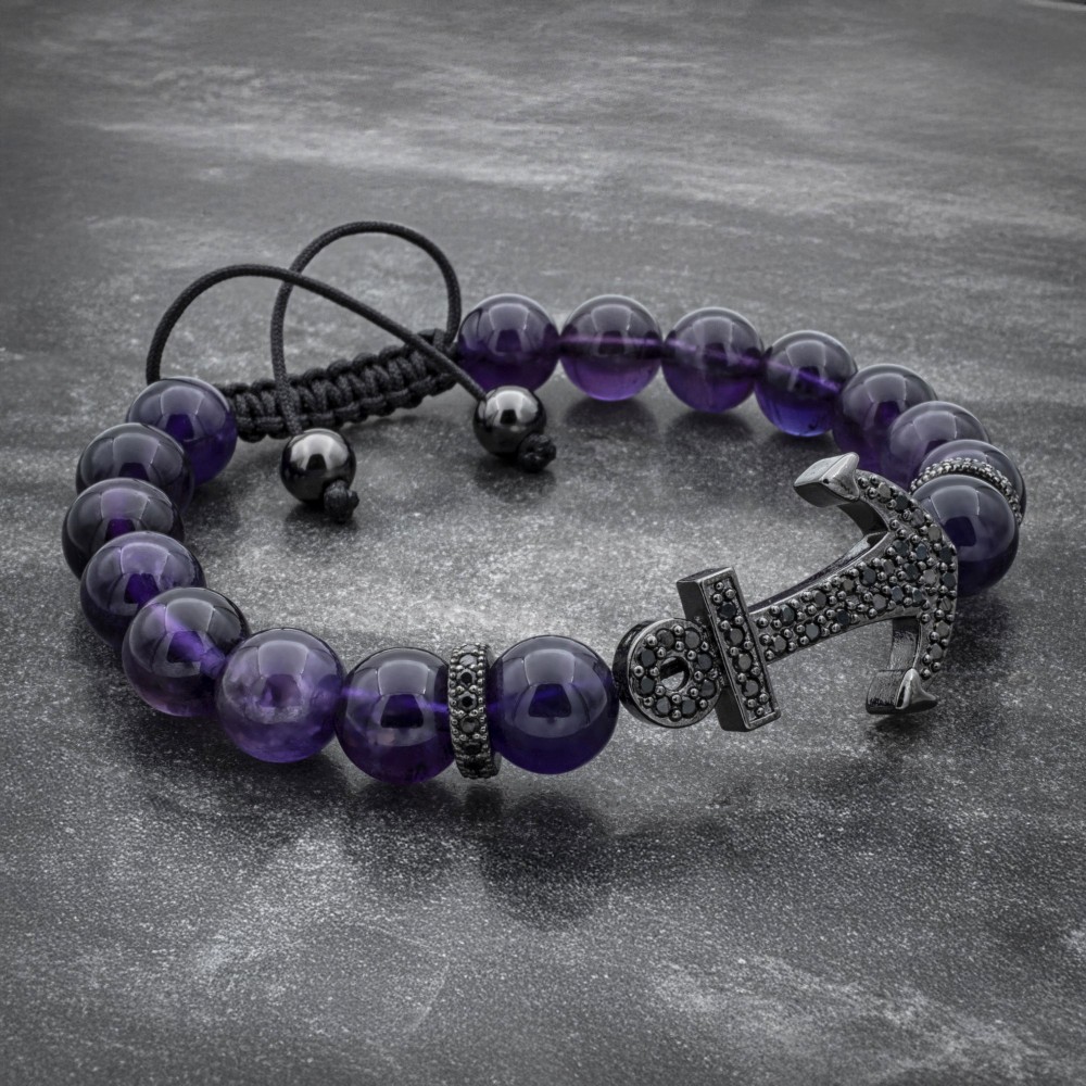 Amethyst Beaded Black Anchor Bracelet