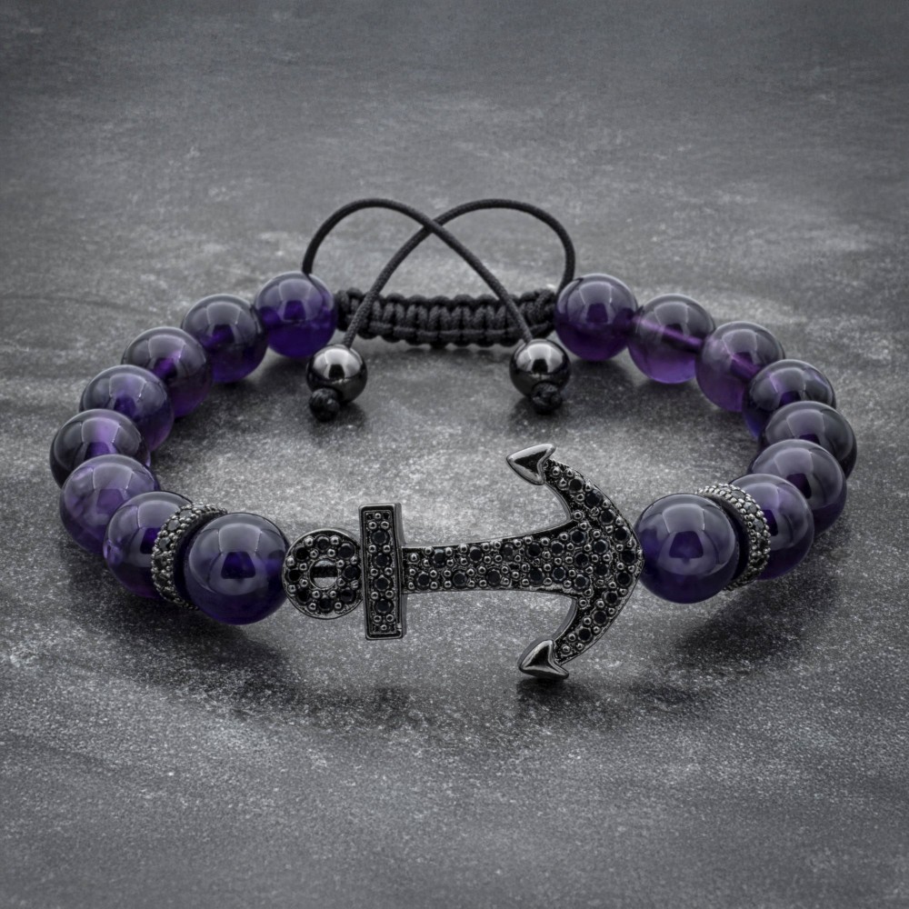 Amethyst Beaded Black Anchor Bracelet