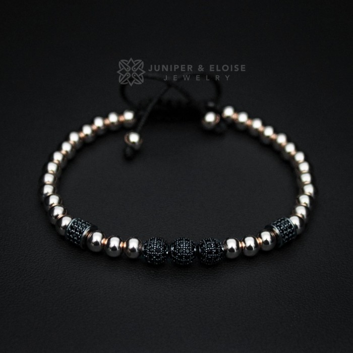 Rose Gold Beaded Bracelet with Black Zircon Spacer Beads