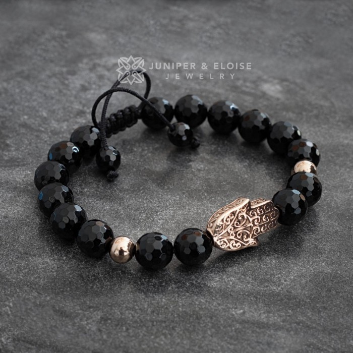 Hamsa Hand Bracelet with Faceted Onyx Beads