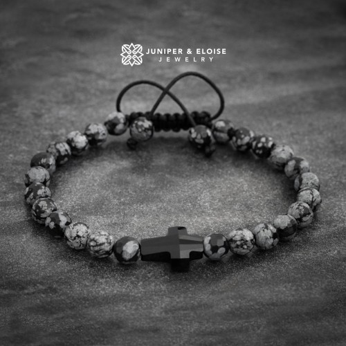 Obsidian Beaded Bracelet with Jet Black Swarovski Cross