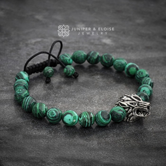 Green Malachite Beaded Wolf Bracelet For Men