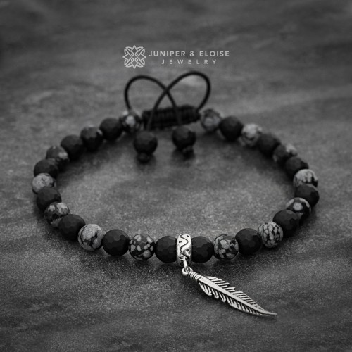 Onyx and Obsidian Beaded  Feather Bracelet