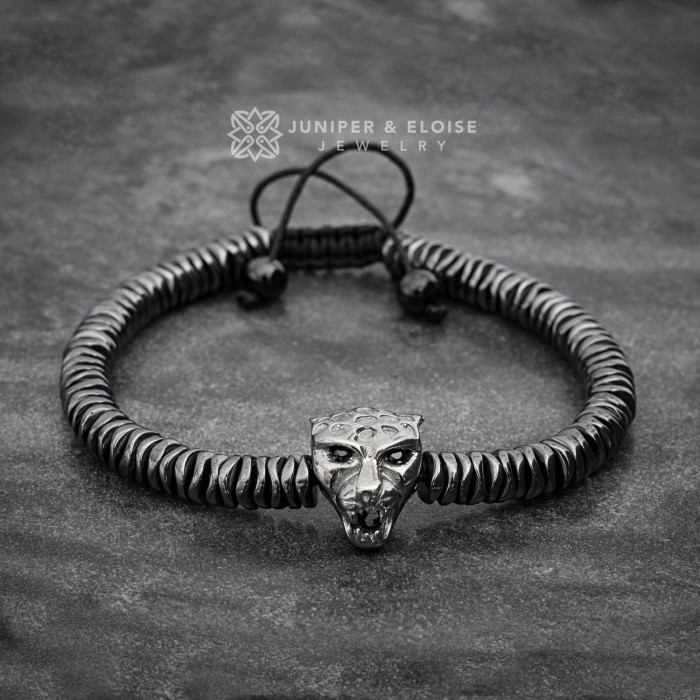 Mens Black Panther Bracelet With Hematite Beads