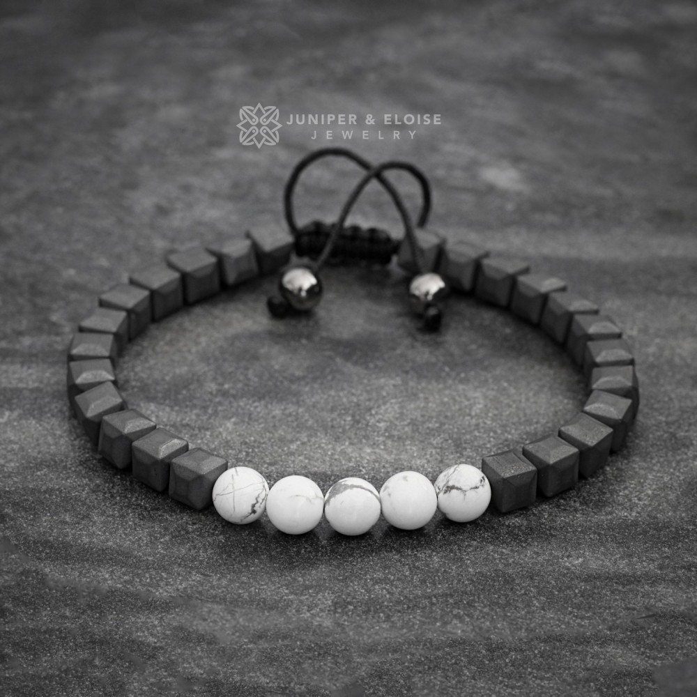 Howlite and Cube Hematite Beaded Bracelet For Men