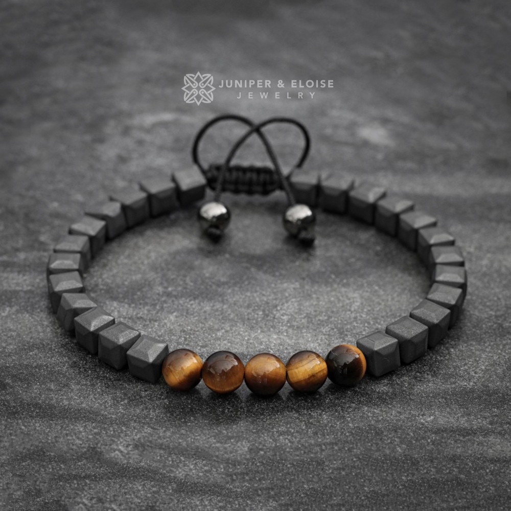 Tiger Eye and Cube Hematite Beaded Bracelet For Men
