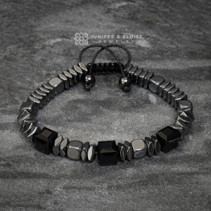 Hematite Beaded Bracelet with Jet Black Swarovski Cube