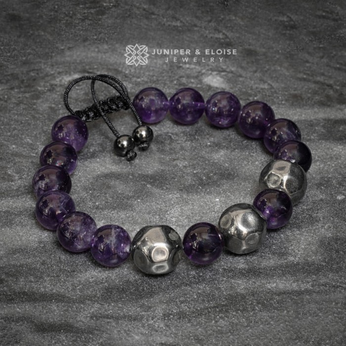 Amethyst Beaded Bracelet With Hand Hammered Beads