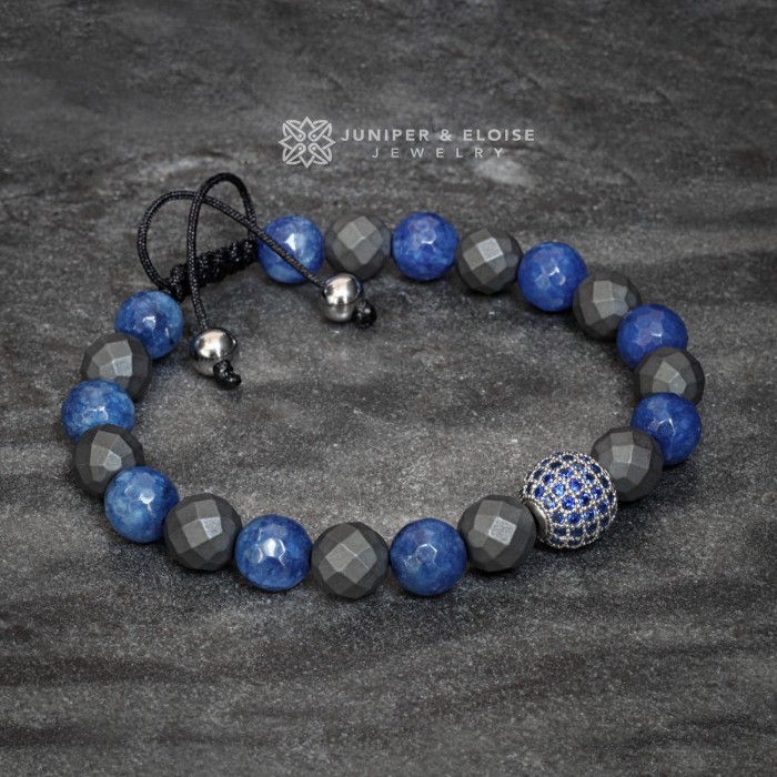 Hematite Beaded Bracelet with Sapphire Blue Spacer