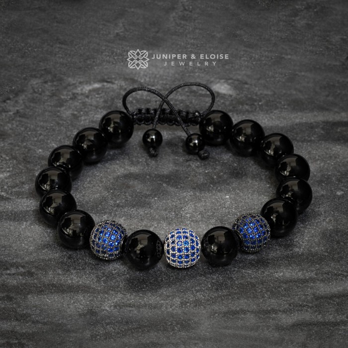 Onyx Beaded Bracelet with Sapphire Blue Spacer Beads