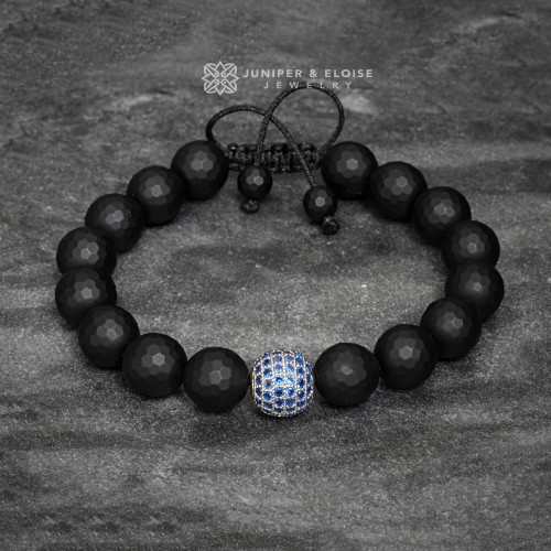 Onyx Beaded Bracelet with Sapphire Blue Silver Spacers