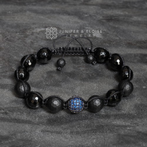 Onyx Beaded Shamballa Bracelet with Sapphire Blue Spacers