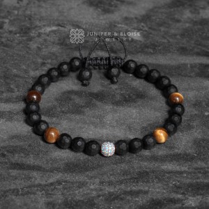 Mens Onyx and Tiger's Eye Bracelet with Aquamarine Spacer 