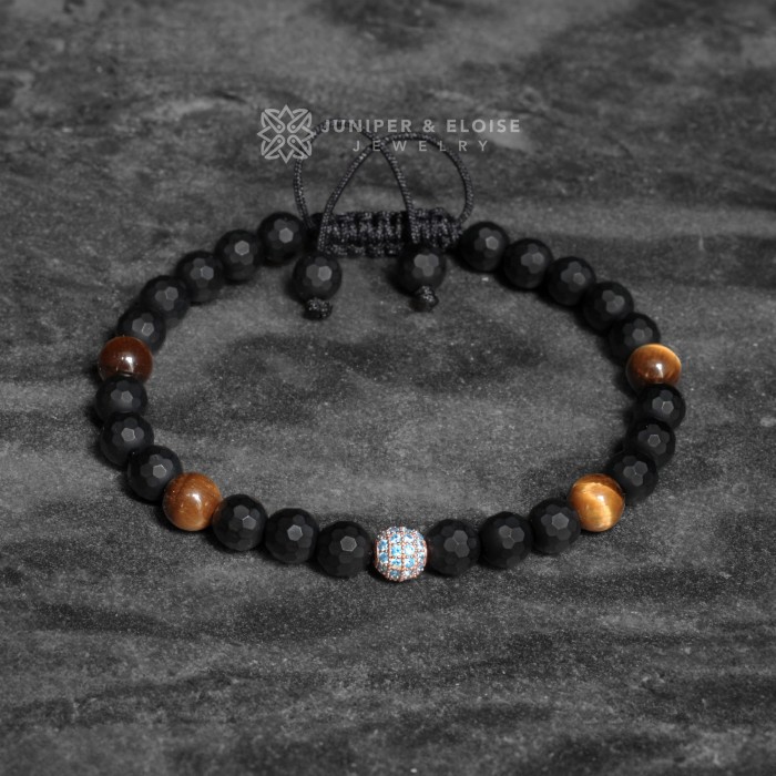 Mens Onyx and Tiger's Eye Bracelet with Aquamarine Spacer