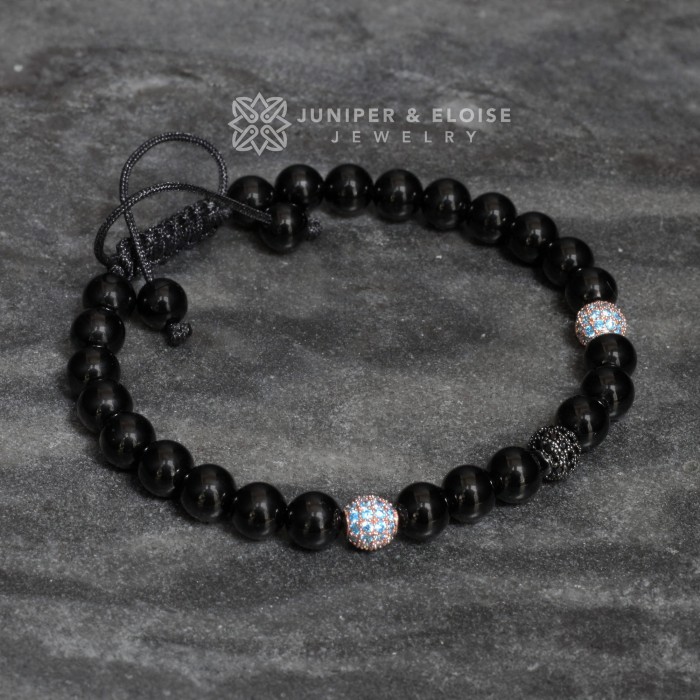 Mens Onyx Bracelet with Aquamarine Sfera Beads