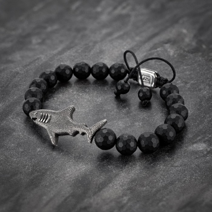 Matte Onyx Beaded 925 Silver Shark Bracelet For Men