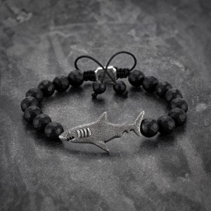Matte Onyx Beaded 925 Silver Shark Bracelet For Men