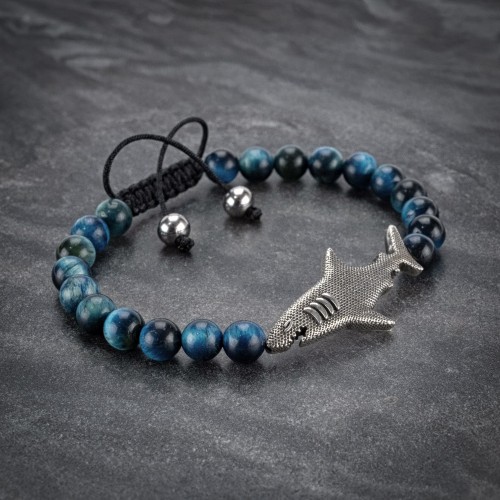 Blue Tiger Eye Beaded 925 Silver Shark Bracelet For Men
