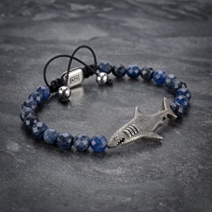 Sodalite Beaded 925 Silver Shark Bracelet For Men